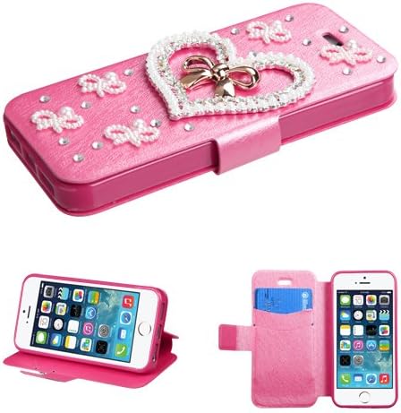 For APPLE iPhone 5S/5 Hot Pink Silk Texture Bow Heart ID/Wallet Phone Pouch