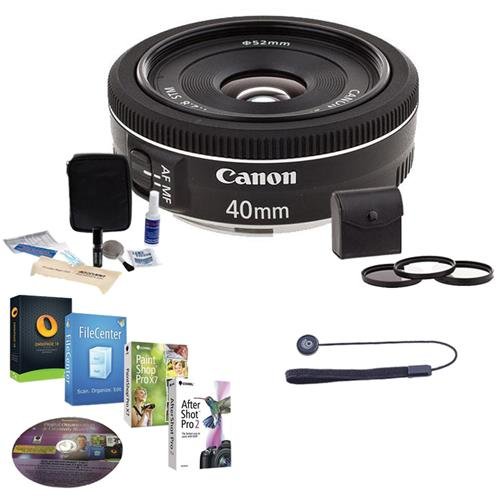Canon EF 40mm f/2.8 STM Pancake Lens - USA Warranty - Bundle with 52mm Filter Kit (UV/CPL/ND2), Cleaning Kit, Capleash II, Pro Software Package (Includes Corel PaintShop Pro X7, Corel AfterShot Pro 2, Nuance OmniPage 18, FileCenter Standard 7)
