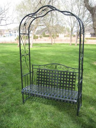 MANDALAY IRON PATIO ARBOR BENCH in BLACK with a CHARCOAL GRAY MARBLED FINISH