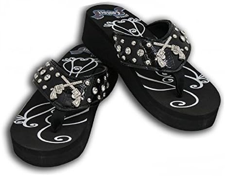 Showman CoutureTM Rhinestone Gun Pistol Six Shooter Western Flip Flops Sandals Black (10)