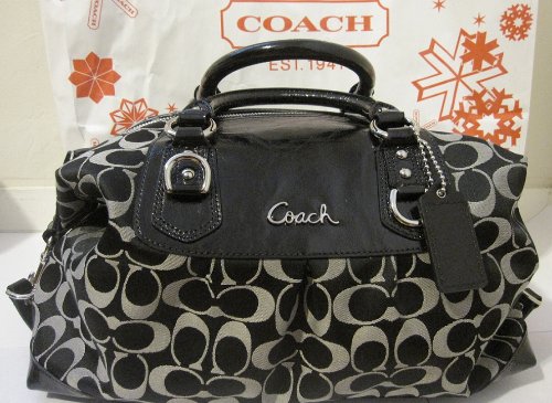 Coach Signature Large Ashley Sateen Large Satchel Convertible Bag F15440 Black with White Coach Signature Large Ashley Sateen Large Satchel Convertible Bag F15440 Black with White