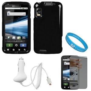 Black Durable Two Piece Protective Rubberized Crystal Hard Case Cover for AT&T Motorola Atrix 4G Dual Core Android Smart Phone MB860 (Olympus/Atrix 4G) + Mirror Screen Protector + White Rapid Car Charger with IC Chip + SumacLife TM Wisdom Courage Wristband