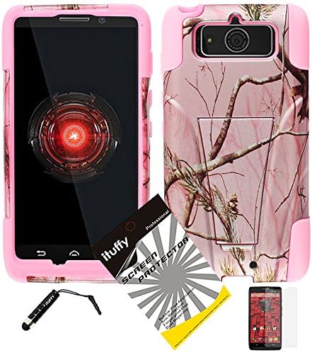 3 items Combo: ITUFFY(TM) LCD Screen Protector Film + Mini Stylus Pen + 2 tone Design Dual Layer KickStand Tuff Impact Armor Hybrid Soft Rubber Silicone Cover Hard Snap On Plastic Case for Motorola XT1030 Droid Mini (DROID MINI Pink Tree Camouflage - Light Pink)