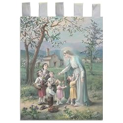 Church Banner - Mary with Children - Cotton Canvas with Archival Inks and UV Coating - Border Rings for Rod Hanging. Print Size 24"x36"