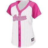MLB Women's Houston Astros Short Sleeve 5 Button Synthetic Replica Baseball Jersey (White & Pink Splash Pinstripes/Pink Splash, Large)