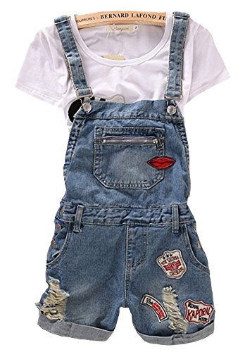 Difyou Women's Plus Pocket Denim Jeans Overall Shorts Jumpsuit Blue
