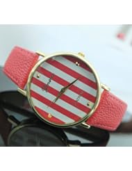 Gift-HK Hot New Geneva Brand Stripes Big Dial Leather Band Women Lady Watch High Quality (Rose)