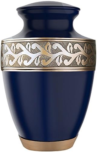Funeral Urn by Meilinxu - Cremation Urns for Human Ashes Adults and Memorial Urn - Design is Hand Engraved in Brass - Burial Urns At Home or in Niche at Columbarium (Accents Gorgeous Blue, Large Urn)