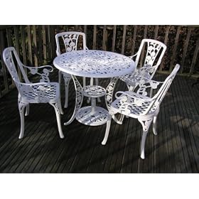 6pc Cast Aluminium Garden Furniture Set Round 90cm table Antique White, 4 Carver Armchairs and Matching Parasol Base.
