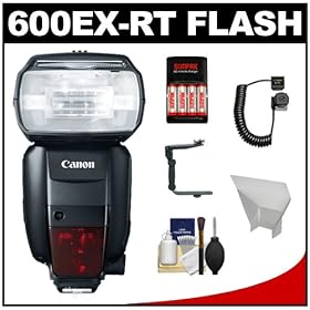 Canon Speedlite 600EX-RT Flash with Bracket & Cord + Reflector + Batteries & Charger + Cleaning Kit for 60D, 7D, 1D X, 1D, 1DS, 5D Mark II III, Rebel T4i, T3i, T3 Digital SLR Camera