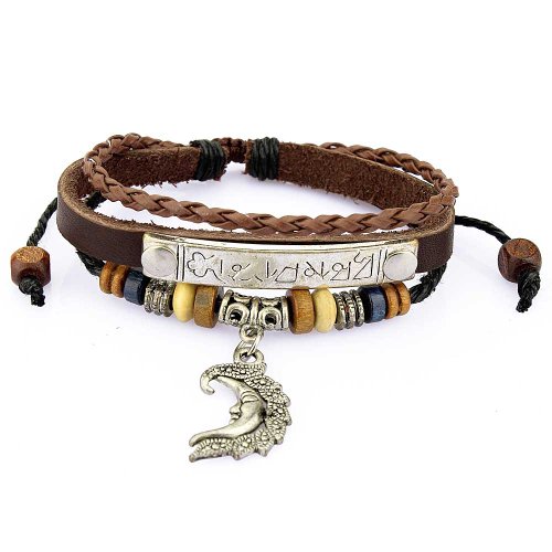 LolliBeads Unisex Charm Leather Bracelet Religious Scripture Inspirational Quote and Tribal Moon Charm Multiple Strands Brown Leather Bracelet, Adjustable Wristband for Men, Women and Teens
