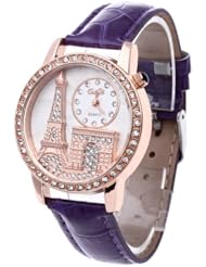 Womens Quartz Wristwatch Purple Leather Band Rhinestone White Dial Eiffel Towel