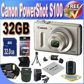 Canon PowerShot S100 12.1 MP Digital Camera with 5x Wide Angle Optical Image Stabilized Zoom (Silver) + 32GB SDHC Class 10 Memory + Extended Life Battery + Ac/Dc Rapid Charger + USB Card Reader + Memory Card Wallet + Deluxe Case w/Strap + Mini HDMI to HDMI Cable + Shock Proof Deluxe Case + Accessory