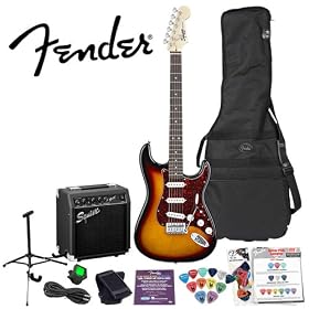 Squier by Fender Stop Dreaming, Start Playing Set: SE Special Brown Sunburst - Includes: Cable, Strap, Strings, Tuner, Instructional DVD, 12 Pack Pick Sampler, SP10 Squier Amp & Gig Bag