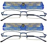 2 READING GLASSES~Half Rim~Spring Hinge~Metal~Case~BLUE+1.75