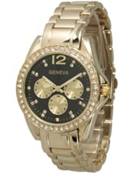 056 Gold-Tone Black Dial Rhinestone Accent Bracelet Watch