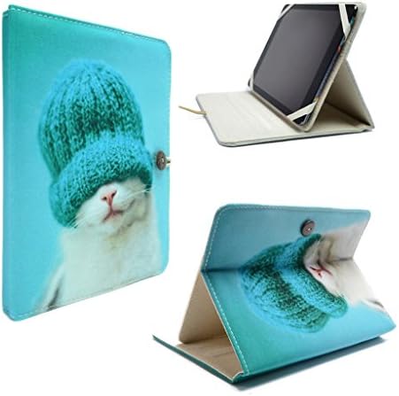 TaylorHe Rachael Hale Collection Cute Kitten wearing hat Cover for iPad Air / iPad Air 2 / Samsung Galaxy Tab 3 10.1 Folio Case 3 Level Stand Padded Canvas Beautiful Prints Green
