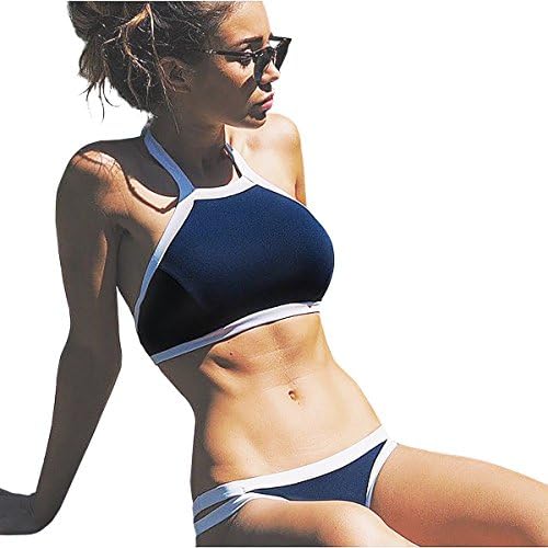 Dtanmiao Women's Push up High Neck Halter Bikini Sets Swimsuit Midnight Top (L, Navy Blue)