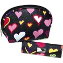 Travel/Cosmetic Bag-Black with Multi Color Hearts, 2 Piece Set