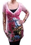 CHRISTIAN AUDIGIER Ed Hardy Womens Dove Hand Tattoo Long Sleeve V-Neck Shirt Tunic Tee Top