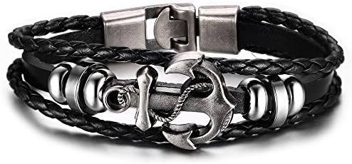 Mens Leather Bracelet, Cuff Cord Black Silver Anchor Surfer Wrap