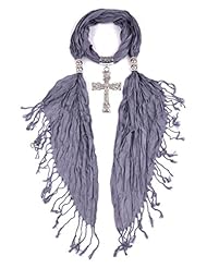 Shoes: LUNA Womens Alloy Silver Tone CZ Jesus Cross Pendant Tassel Jewerly Scarf 67*24" Grey