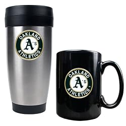 Oakland Athletics MLB Stainless Steel Travel Tumbler & Black Ceramic Mug Set - Primary Logo by Great American Products