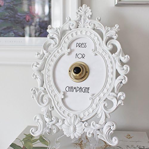 Press for Champagne ((SILENT VERSION)) | Oval White Home Decor Frame with Vintage Brass Push Button (includes wall hanger and frame stand)