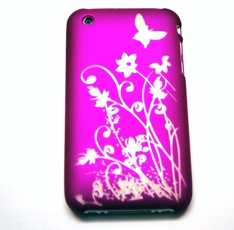 New Purple Butterfly Flower Garden Laser Cut Rear Only Apple Iphone 3g 3gs Snap on Cell Phone Case + Screen Protector