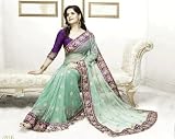 Terquoise/Light Green  Purple Border Saree / Sari