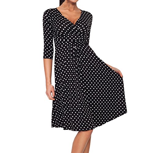 Sue&Joe Women's 3/4 Sleeve Dress Wrap V Neck Ruched Pleated Polka Dot Summer Dress