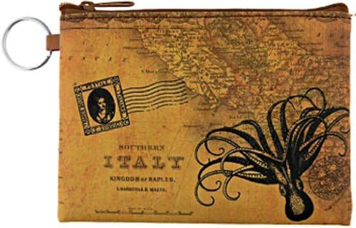 Lavishy Octopus Vintage Print Vegan Coin Purse ID Holder w/ Keyring Brown