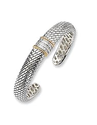 Sterling Silver/14k Yellow Gold Diamond Cuff Bangle Bracelet
