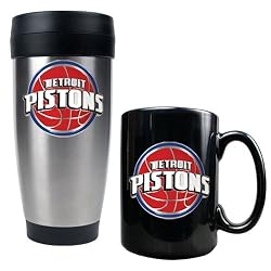 Detroit Pistons Stainless Steel Travel Tumbler & Black Ceramic Mug Set - Primary Logo NBA Basketball