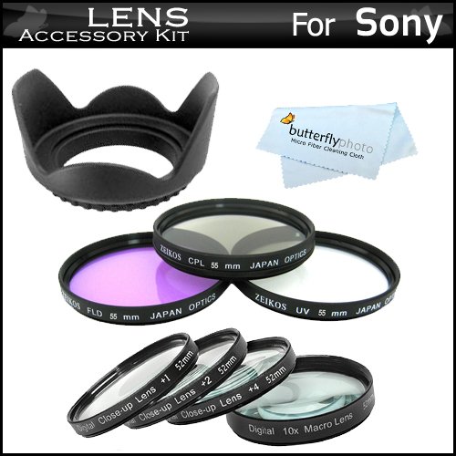 55mm Bundle Lens Filter Accessory Kit For Sony a55 a33 a35 SLT-A55 SLT-A33 SLT-A35 A65 SLT-A65V ncludes 55mm 3pc High Resolution Multi Coated Filter Kit + 55mm Lens Hood + 4pc +1 +2 +4 +10 55mm Close Up Filter Set + MicroFiber Cleaning Cloth