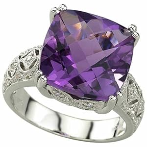 14K White Gold Classic Amethyst and Diamond Ring