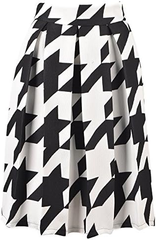 DEWSON Women's Houndstooth Full A Line Pleated Big Swing Dress Midi Skirt 4 Black