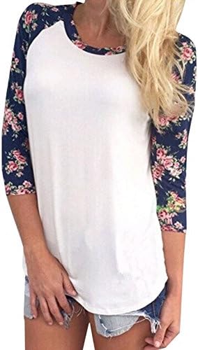 Innovateyfm 3/4 Sleeve Contrast Color Spliced Round Neck Blouse X-large White
