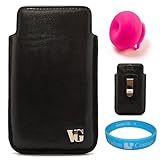 Slidyn Black Leather Carrying Case Holster with Polished Stainless Steel Belt-clip for Verizon Wireless Samsung Stratosphere (LTE) 4G Wireless Android Smartphone + Pink Rubber Suction Stand + SumacLife TM Wisdom*Courage Wristband