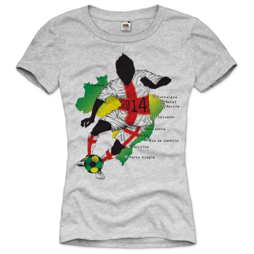 style3 WM Brasilien England Damen T-Shirt in verschiedenen Farben XS-2XL, Farbe:Grau meliert;Größe:M