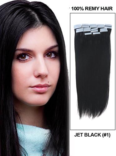 Fohair 24 Inch #1 Jet Black Tape in on Remy Human Hair Extensions Set 40 Pieces 100 Grams 25 Colors Choose Silky Straight