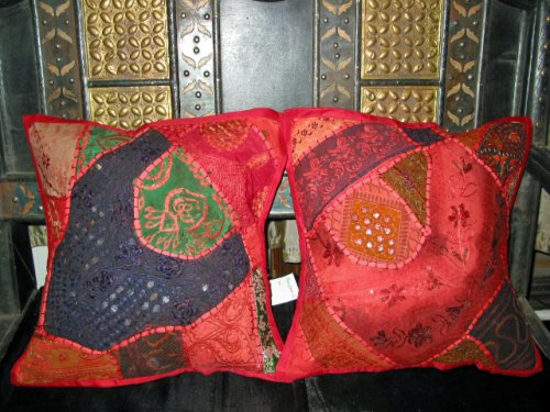 2 Red Gujrati Embroidered Sari Toss Pillow Cushion Covers
