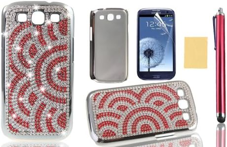 OMIU(TM) Semi-Circle Full Bling Rhinestone Diamond Metal Hard Back Case Cover for Samsung Galaxy S3 i9300(Red), with Screen Protector, Stylus and Cleaning Cloth