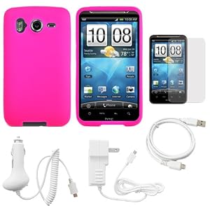 Hot Pink Rubberized Soft Silicone Skin Cover Case for AT&T Wireless New HTC Inspire 4G Android Smartphone + Clear Screen Protector + White Rapid Travel Wall Charger with IC Chip + White Rapid Car Charger with IC Chip + Micro USB Data Cable Cord