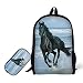 Primary Backpack with pencil Bag,3D Horse Pattern for Students Book Bag