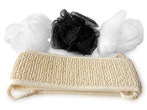 SuperiorMaker Loofah and Exfoliating Body and Back Scrubber Spa Set - 3 Vibrant Colored Hand Sized Body Luffa and 1 Modern Long Washcloth and Body Scrubber with Handles For Healthier Skin