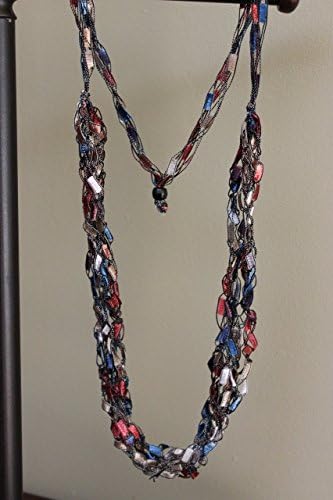 HandmadeAdjustable Ladder Yarn Necklace Scarf Dusty Rose Blue Denim