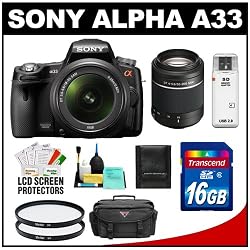 Sony Alpha A33 SLTA33L 14 2 MP Translucent Mirror Technology Digital SLR Camera 18-55mm Lens with 18-55mm 55-200mm Lenses 16GB Card Case UV Filters Accessory Kit