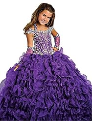 Girls Organza/Satin  Floor Length Crystal Illusion  Ball Gown Pageant Dress 