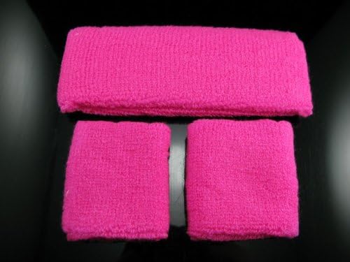 Neon 80's Headband Sweatband Wristband Fancy Party New (Neon Hot Pink, 1 x headband + 2 x wristband)